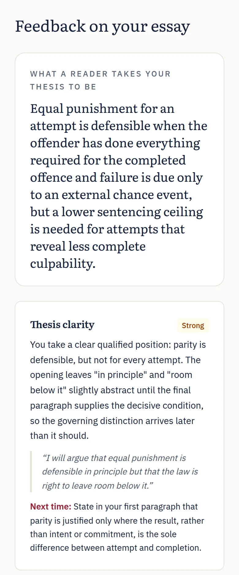 Feedback on a Section B essay on a phone: the thesis as a reader takes it, then a Thesis clarity card rated Strong with an observation, a quoted line from the essay and a 'Next time' change to make.