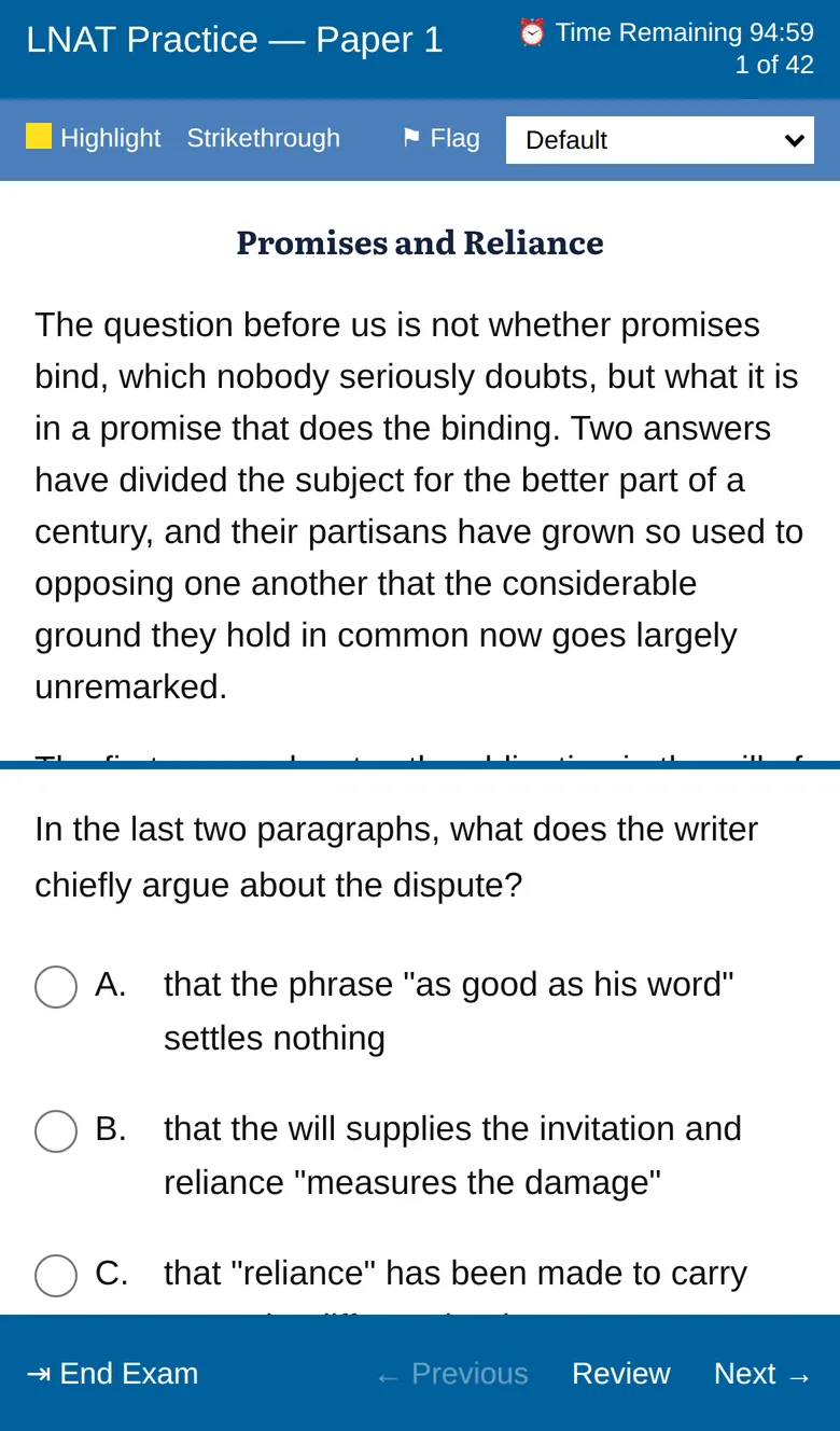 Section A on a phone: the passage above, the question and its four options below, a clock reading 94:59, a counter reading 1 of 42, and the highlight, strikethrough and flag controls.