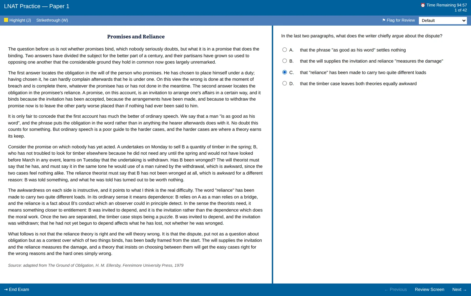 Section A in progress: the passage on the left, the question and its four options on the right, a clock reading 94:57, a question counter reading 1 of 42, and the highlight, strikethrough and flag-for-review controls.